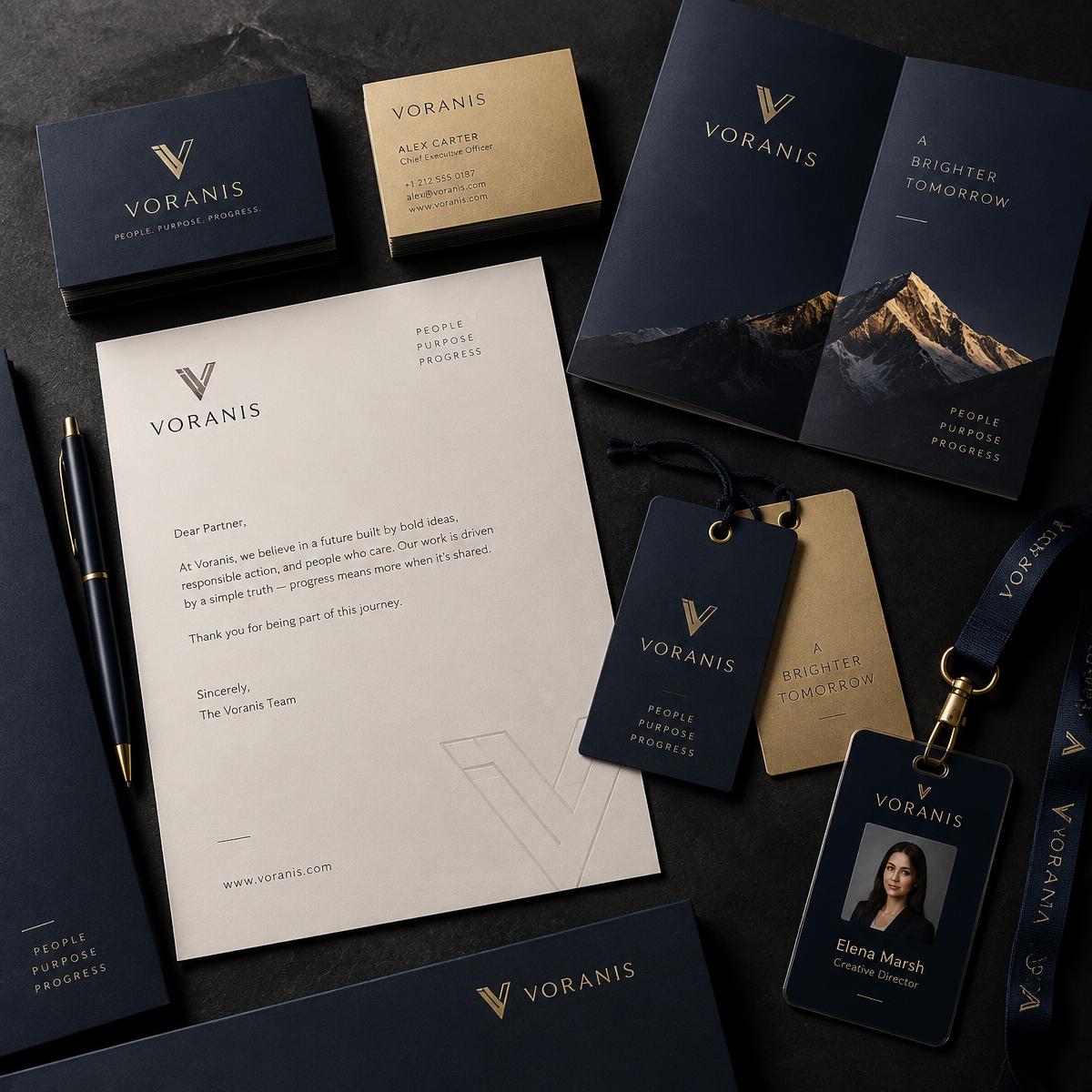Speedtrax printed business cards, brochure, letterhead, hang tags and ID card in navy and gold